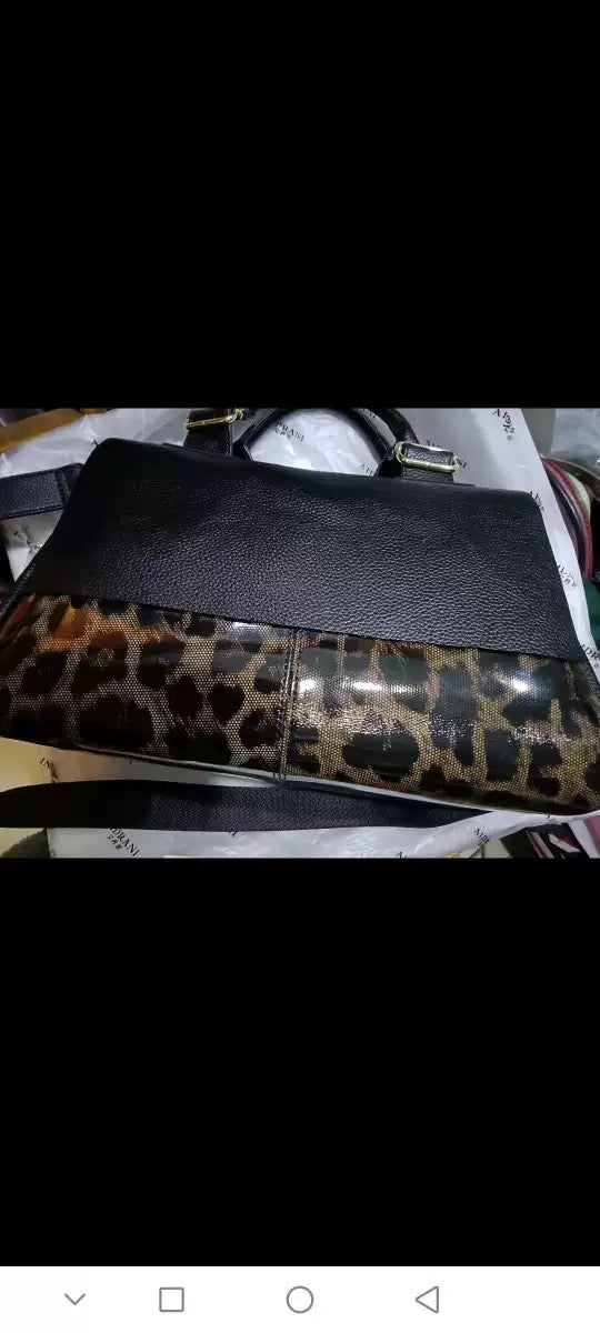 Genuine Leather Boston Bag - Black Leopard #3B - Mum's Large Bag