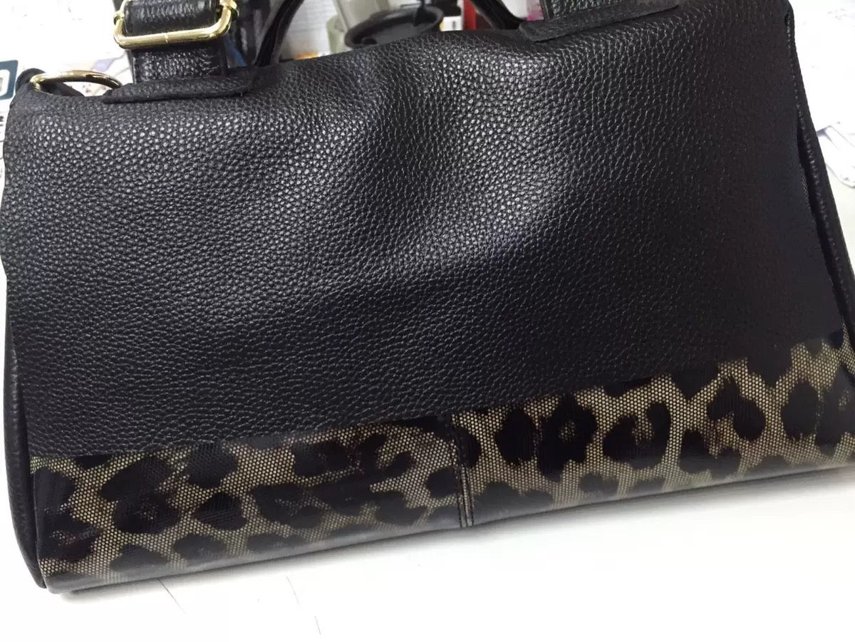 Genuine Leather Boston Bag - Black Leopard #3B - Mum's Large Bag